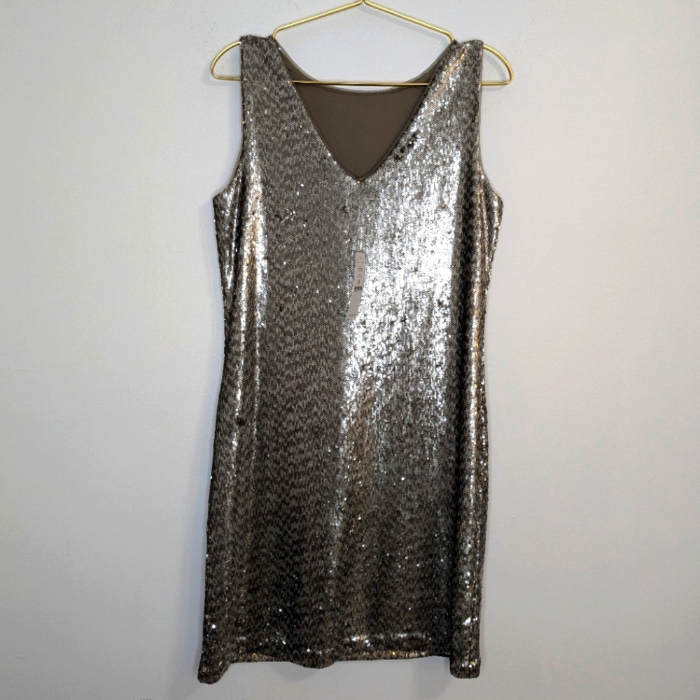 NTW White House Black Market Medium Petite Sparkly Silver Sequin Sheath Dress‎ - Picture 6 of 8